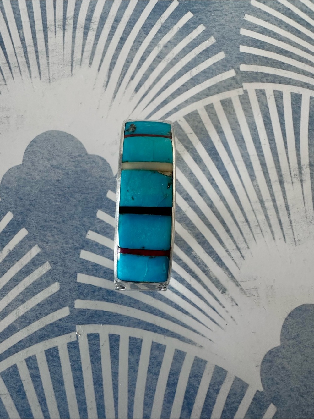 Vintage Native American Sterling Silver Turquoise Inlay Heavy Cuff Bracelet - Picture 8 of 16
